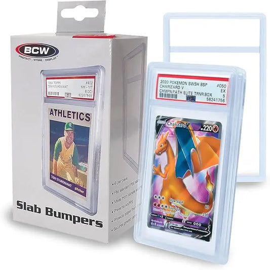 BCW PSA Slab Bumpers Translucent Clear 6-pack box with installed PSA slab