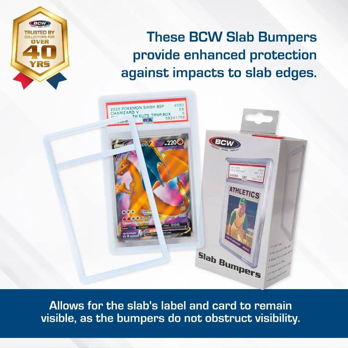 BCW Translucent Clear PSA slab bumpers showing visibility and edge protection benefits