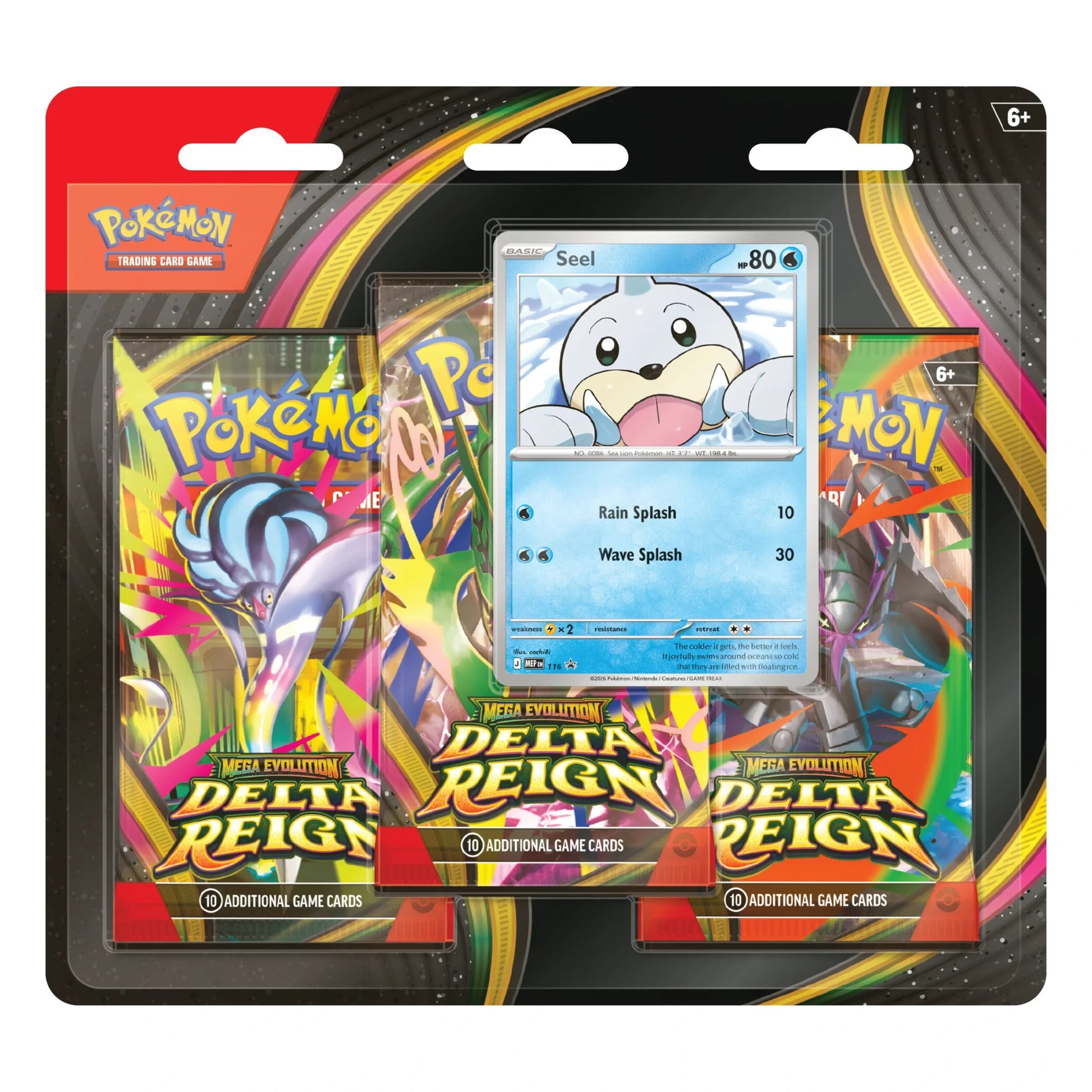 Pokémon TCG Mega Evolution Delta Reign 3-Pack Blister with Seel promo, front view