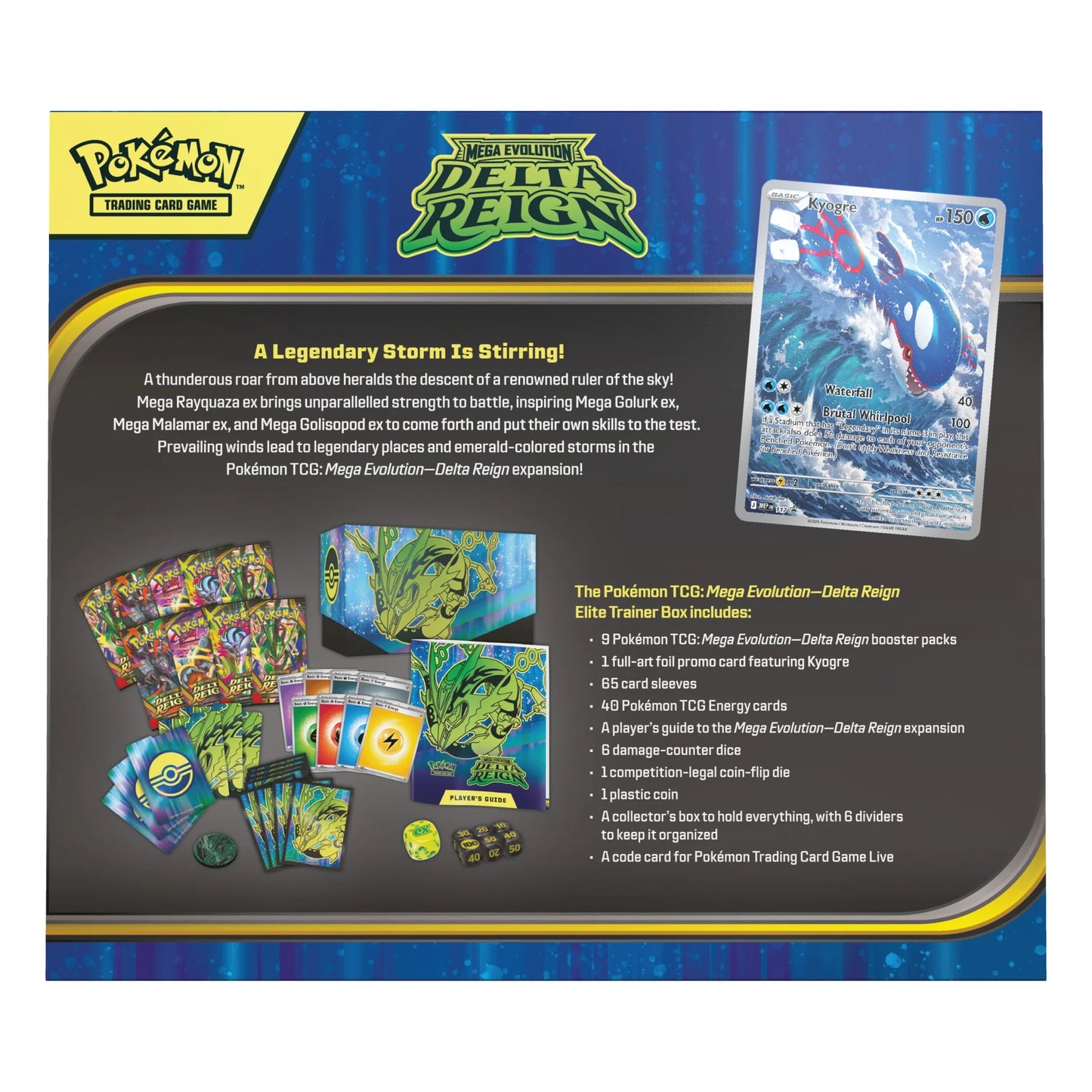 Pokémon TCG Mega Evolution Delta Reign Elite Trainer Box, back and contents