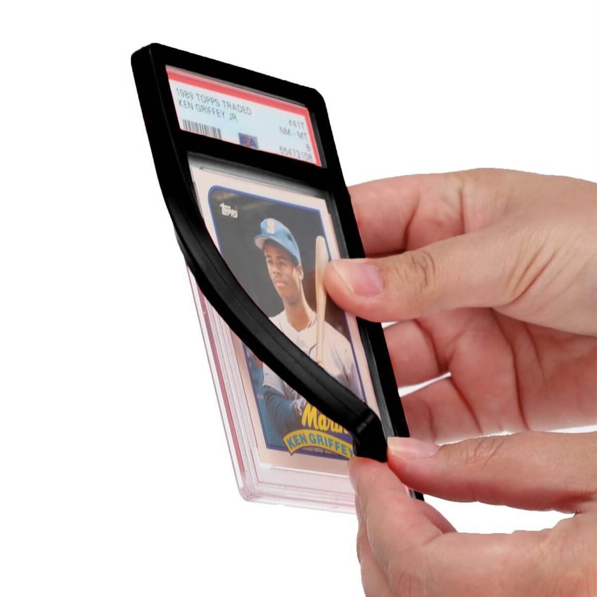 Installing a black BCW slab bumper onto a PSA graded card slab