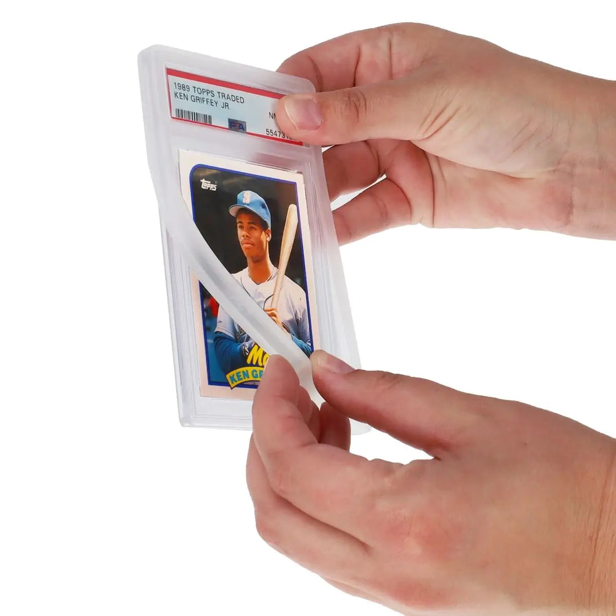 Installing a translucent clear BCW slab bumper onto a PSA graded card slab