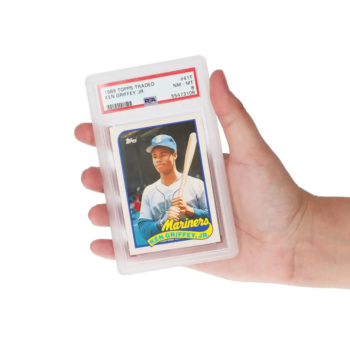 Hand holding PSA graded card with translucent clear BCW slab bumper