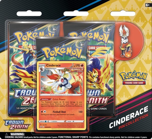 Pokemon TCG: Sword & Shield - Crown Zenith - Pin Collection - Three-Booster Pack Blister (Cinderace)