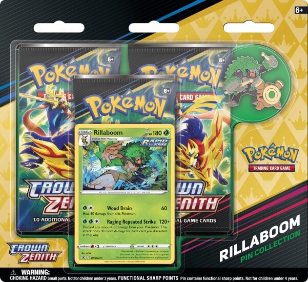 Pokemon TCG: Sword & Shield - Crown Zenith - Pin Collection - Three-Booster Pack Blister (Rillaboom)